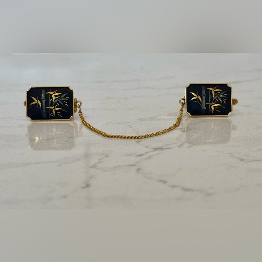 VINTAGE Japan AMITA Damascene Bamboo Sweater / Collar Clip — Midcentury Jewelry
